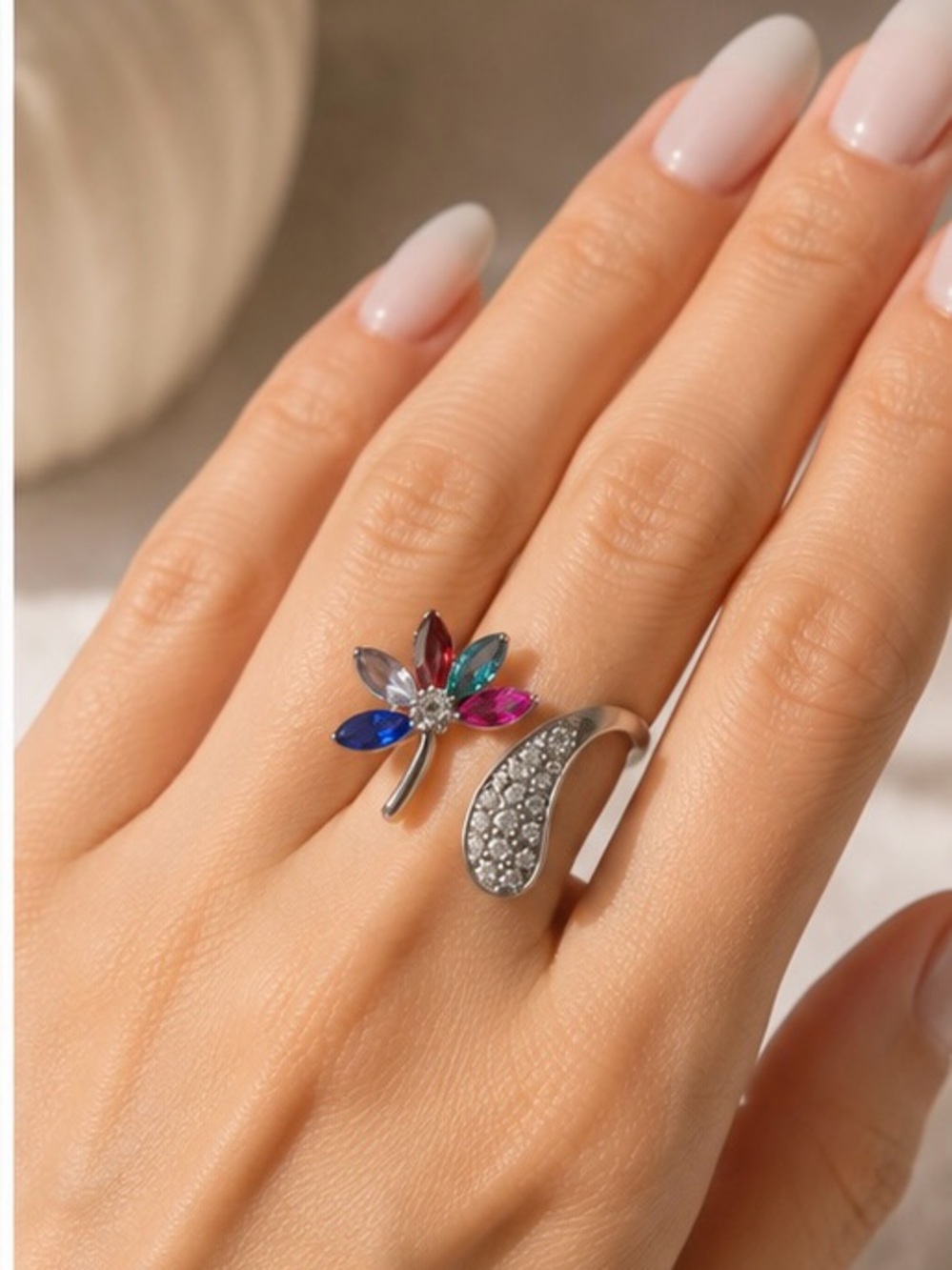 Silver Floral Multicolor Crystal Adjustable Ring